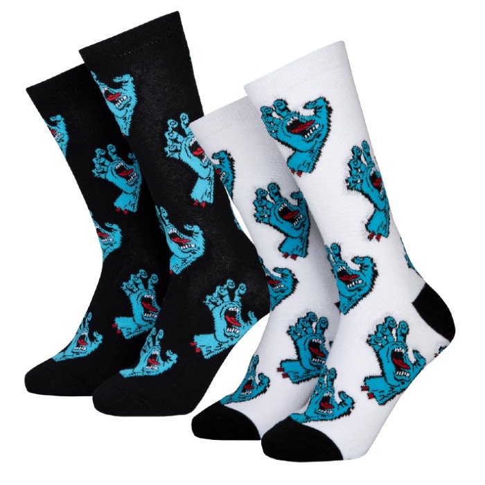 Santa-Cruz-Skateboards-Multi-Hand-Crew-Socks-2-Pack-Black-White-New